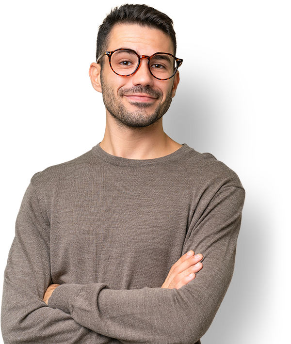 man with arms crossed wearing glasses