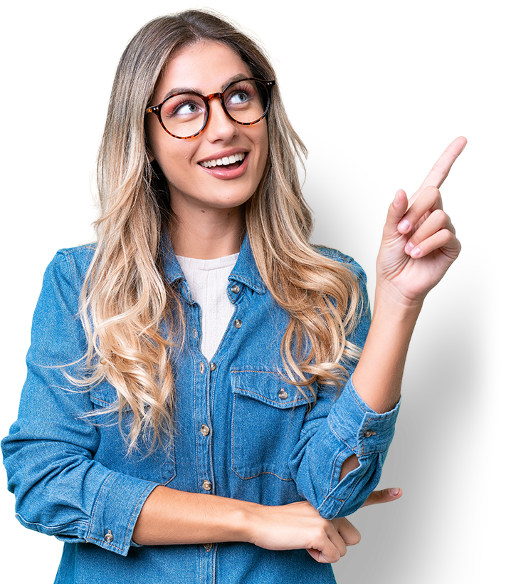 woman wearing glasses pointing up at an angle